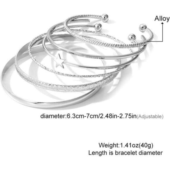 6 Silver Bangle Bracelets for Women, Multi Layer Stackable Cuff Bracelet Set, - Picture 4 of 8